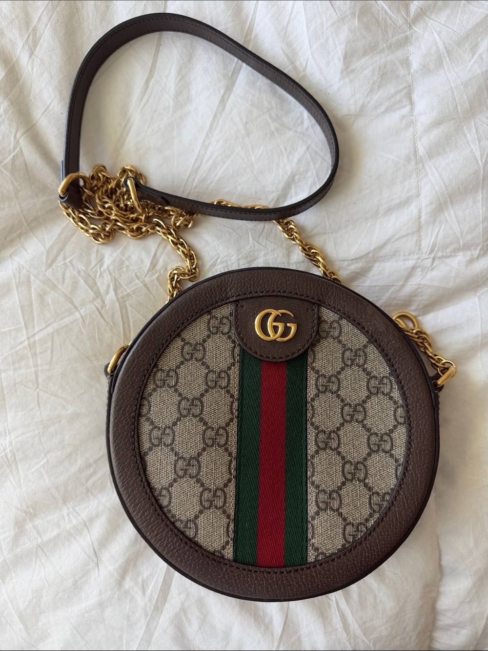 Gucci Brown GG Supreme Round Crossbody with Green and Red Web - Picture 1 of 8